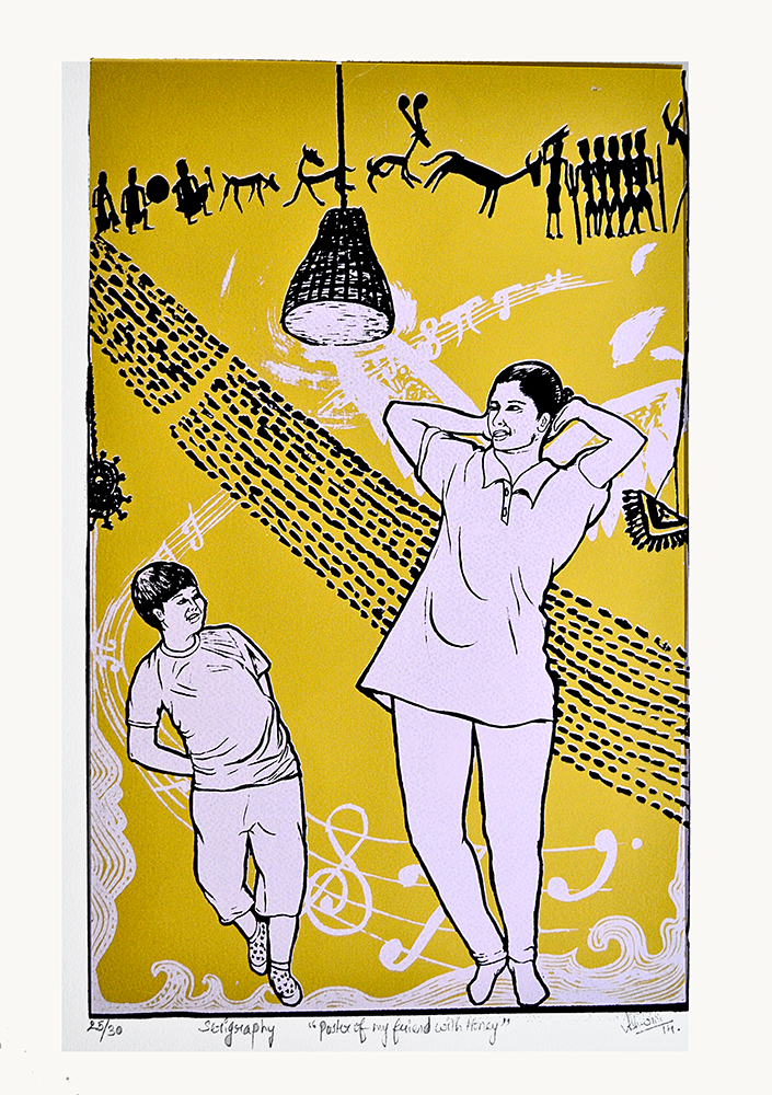 Poster of my friend with honey - Serigraphy On Paper by Ashwini Pravin Kedar